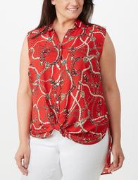 Plus Size Pearl-Printed Tied-Front Button-Up Top