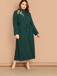 Plus Floral Embroidered Self Belted Dress