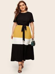 Plus Self Belted Cut-and-sew Dress