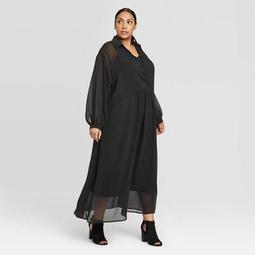 Women's Plus Size Long Sleeve Deep V-Neck Maxi Dress - Prologue™ Black