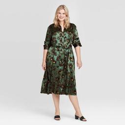 Women's Plus Size Long Sleeve Collared Silky Midi Shirt Dress - Who What Wear™