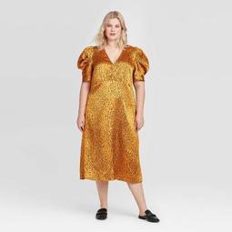 Women's Plus Size Animal Print Shirred Short Sleeve V-Neck A Line Midi Dress - Who What Wear™