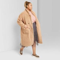 Women's Plus Size Button Front Sherpa Pea Coat - Wild Fable™ Tan 