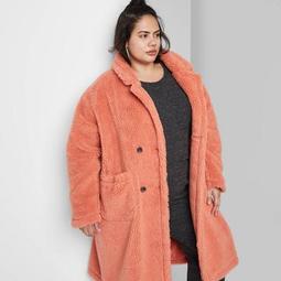 Women's Plus Size Button Front Sherpa Pea Coat - Wild Fable™ Coral