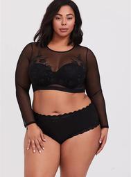 Black Mesh Embroidered Long Sleeve Under-It-All Crop Top