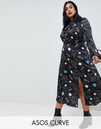 ASOS DESIGN Curve star and moon maxi dress with fluted sleeve