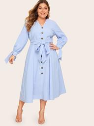 Plus Knot Cuff Button Detail Self Belted Dress