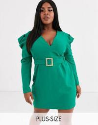 Vesper Plus deep plunge midi dress with statement shoulder in emerald green