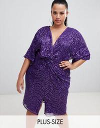 Little Mistress Plus all over sequin knot front midi dress in purple