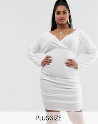 PrettyLittleThing Plus bardot off shoulder dress with ruching in white