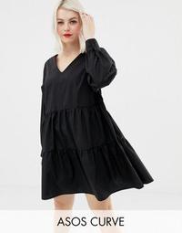 ASOS DESIGN Curve tiered cotton smock mini dress with long sleeves