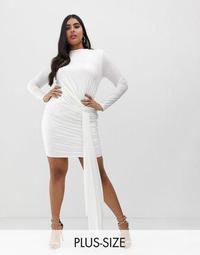 Club L London Plus slinky tie side ruched mini bodycon dress in white