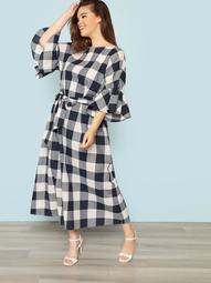 Plus Exaggerated Flounce Sleeve Self Belted Plaid Dress