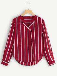 Plus Striped High Low Curved Hem Blouse