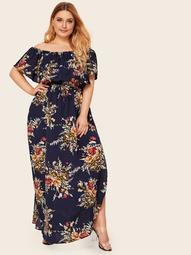 Plus Off Shoulder Floral Print Side Slit Dress