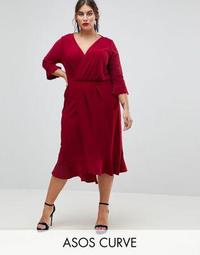 ASOS CURVE Wrap Front Midi Dress with Frill Detail