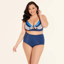 Women's Plus Size Slimming Control Tie Front Cut Out Bikini Top - Beach Betty By Miracle Brands Navy Stripe