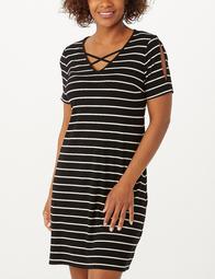 Plus Size Striped Crisscross-Neckline Split-Sleeve Dress