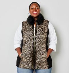 Animal Print Puffer Vest with Removable Faux Fur Collar