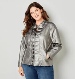 Ruffled Front Faux Leather Jacket in Pewter