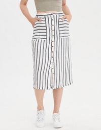 AE High-Waisted Striped Button Front Midi Skirt