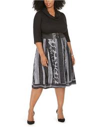 Plus Size Ribbed-Top Belted Animal-Print Dress