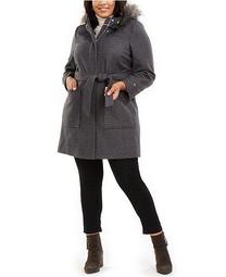 Plus Size Faux-Fur-Trim Hooded Belted Coat