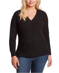 Trendy Plus Size Seana V-Neck Ribbed Tunic Sweater
