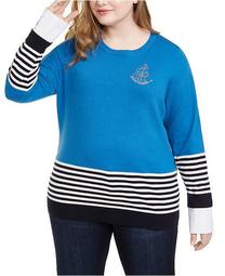 Plus Size Cotton Striped Embellished Sweater, Created For Macy's