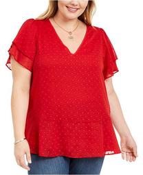 Plus Size Textured-Dot Ruffled-Sleeve Top