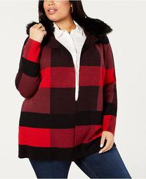 Plus Size Plaid Cardigan with Removable Faux-Fur Collar