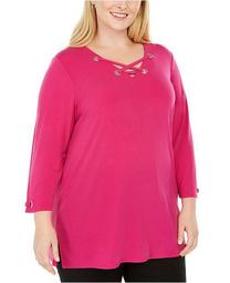 Plus Size Grommet-Trim Lace-Up Top, Created For Macy's