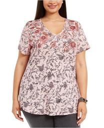 Plus Size Printed Cotton V-Neck Top, Created For Macy's