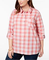 Plus Size Cotton Plaid Tab-Sleeve Shirt, Created for Macy's