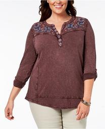 Plus Size Cotton Embroidered Distressed Top, Created for Macy's
