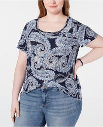 Plus Size Paisley-Print Ladder-Trim Top, Created for Macy's