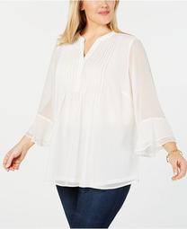 Plus Size Double Ruffle Solid Pintuck Top, Created for Macy's