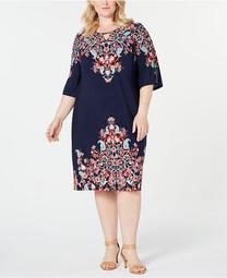 Plus Size Printed Embellished Split-Sleeve Dress, Created for Macy's