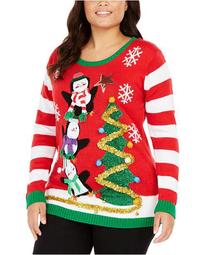 Trendy Plus Size Embellished Holiday Penguins Sweater