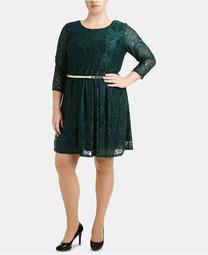 Plus Size Lace Overlay Dress with Belt