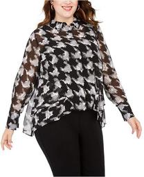 INC Plus Size Houndstooth Ruffle-Front Top, Created For Macy's