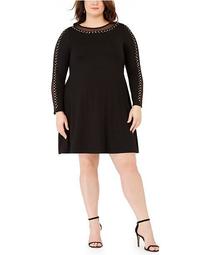 Plus Size Studded Mesh-Trimmed Fit & Flare Dress